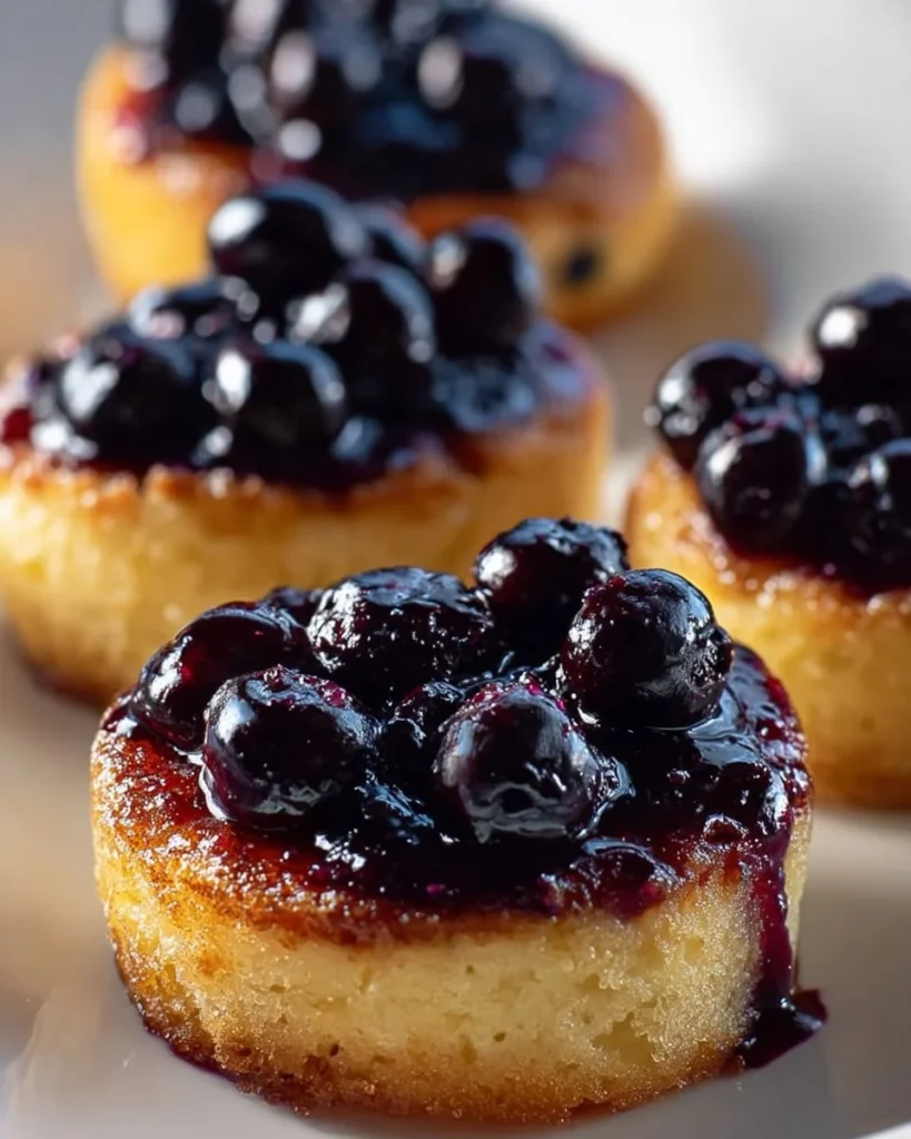 Mini blueberry upside down cakes with a golden-brown topping and fresh blueberries