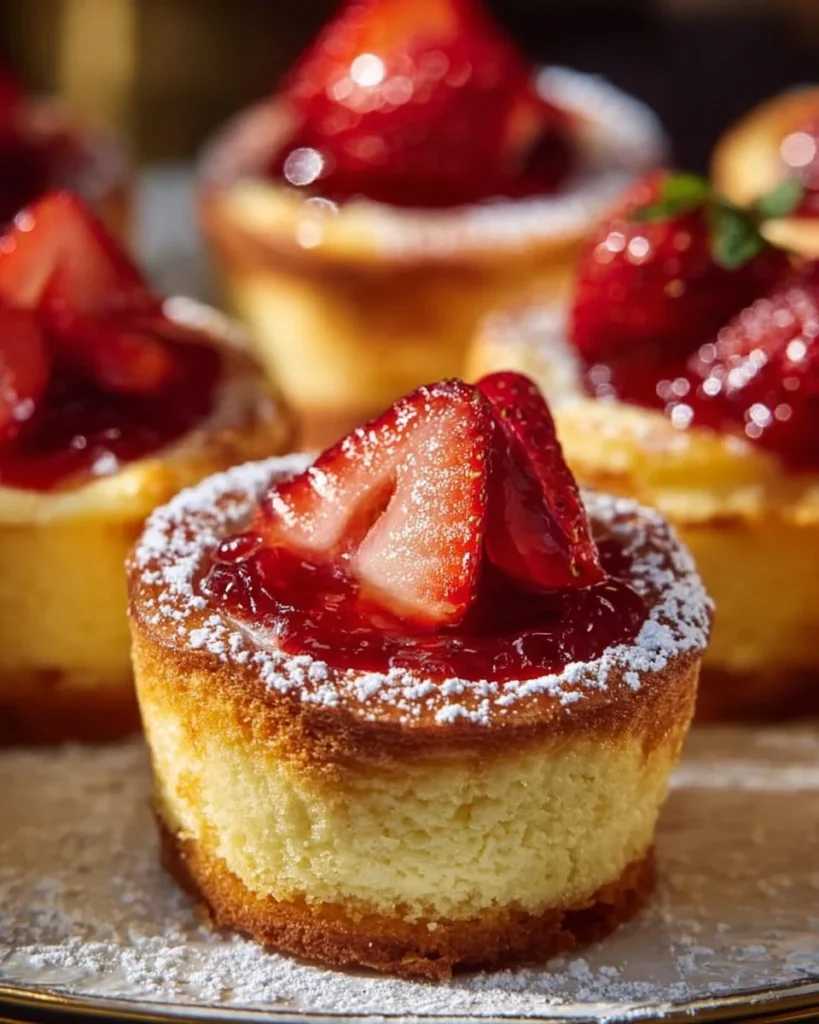 Mini brown butter popovers served with jammy strawberries on a plate