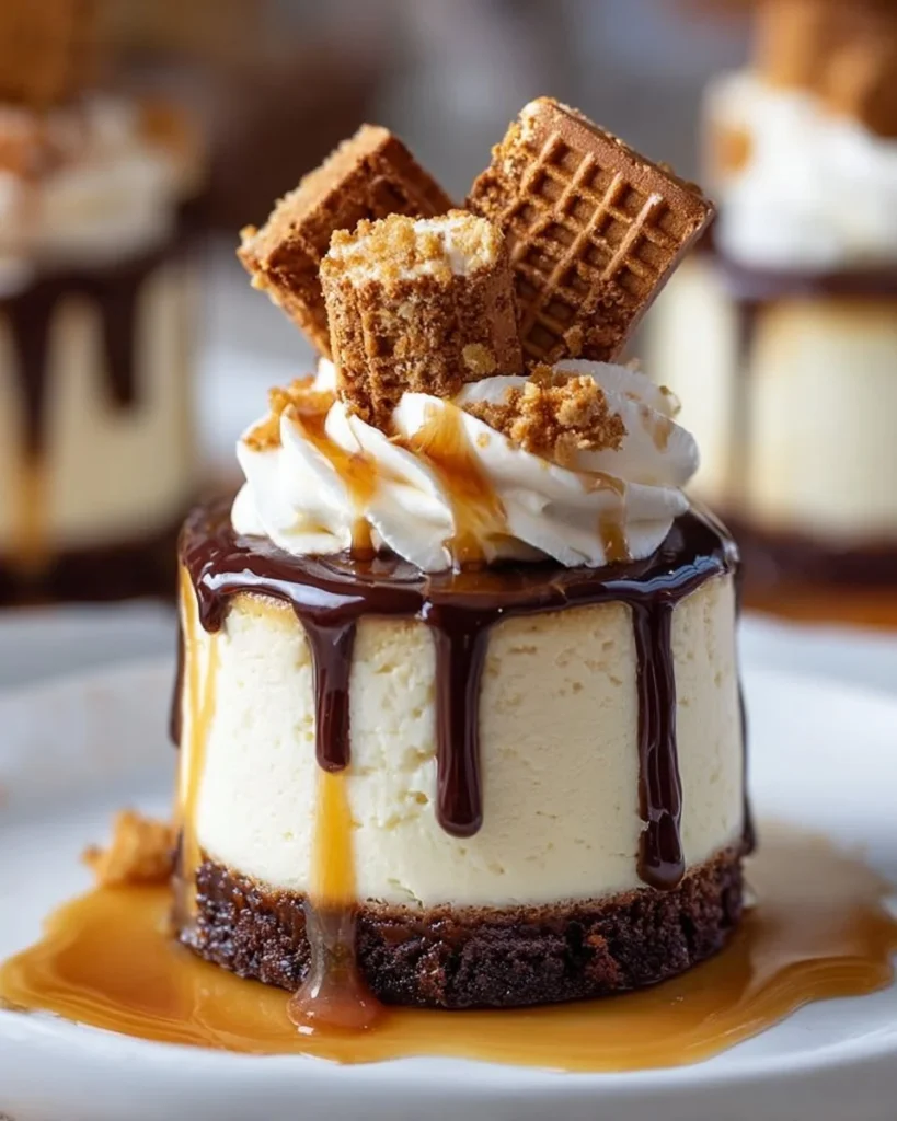 Mini Caramel S’mores Cakes topped with chocolate and marshmallows