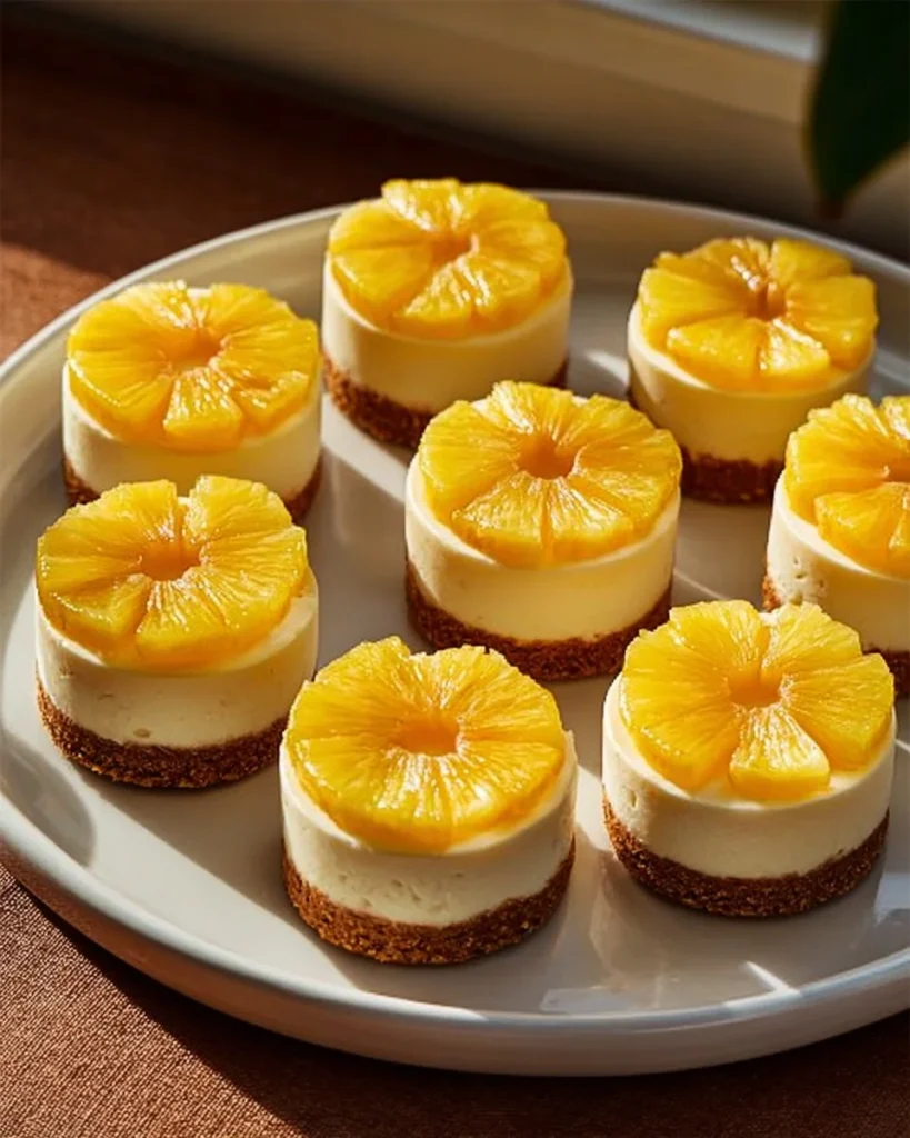 Mini cheesecakes with pineapple and coconut toppings on a dessert plate