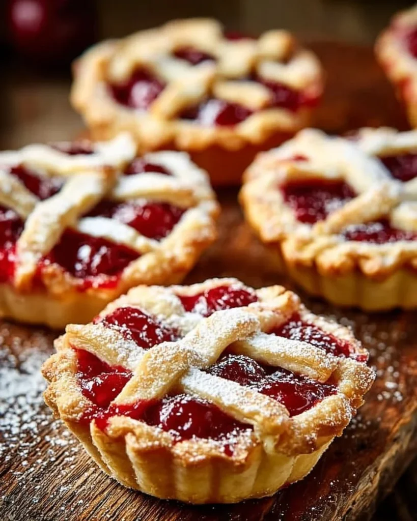 Freshly baked mini cherry pies with a flaky crust and juicy cherry filling