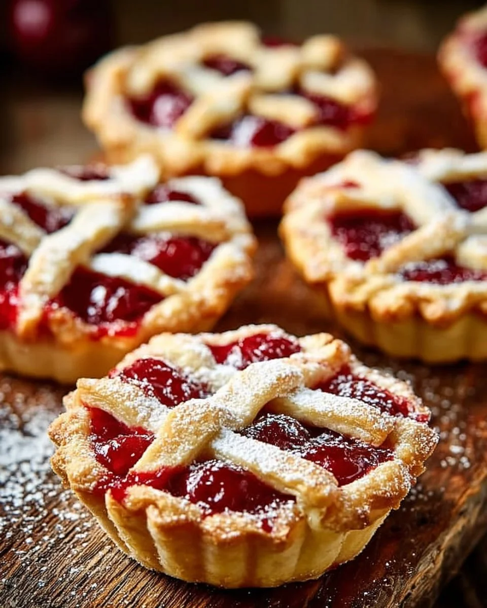 Freshly baked mini cherry pies with a flaky crust and juicy cherry filling