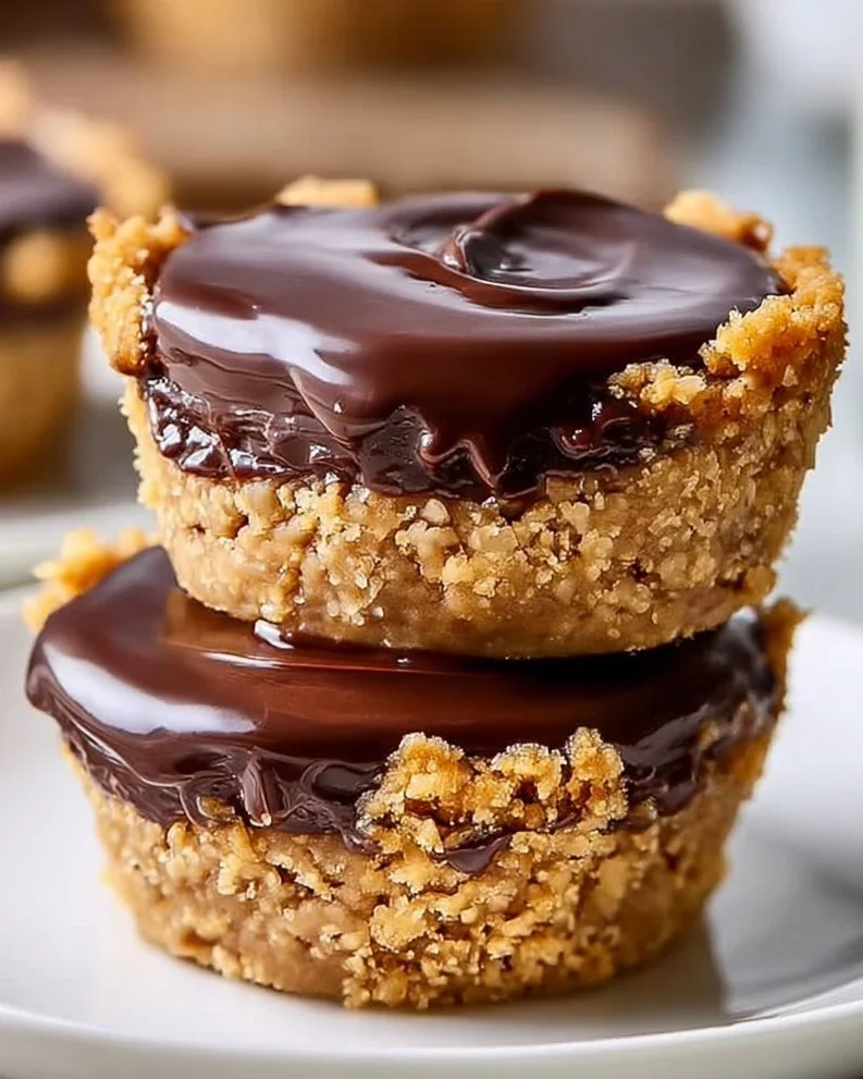 Mini chocolate peanut butter pies topped with creamy filling and chocolate drizzle