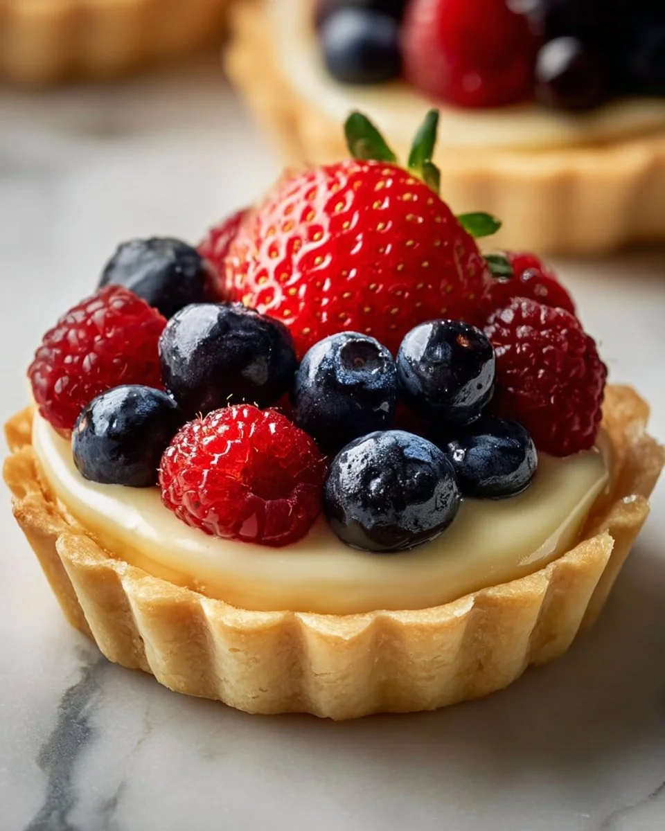 Mini fruit tarts with colorful fruits and smooth pastry cream