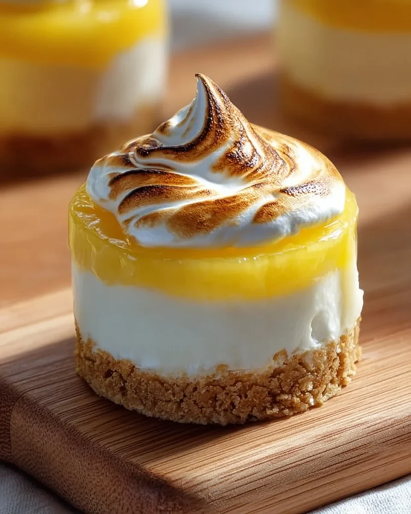 Mini lemon meringue cheesecakes garnished with meringue and lemon slices