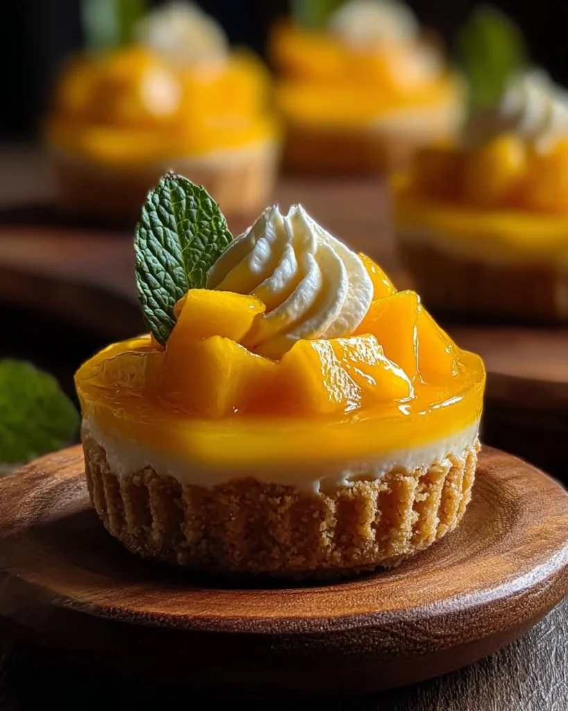 Mini Mango Cheesecakes topped with fresh mango slices on a dessert plate.
