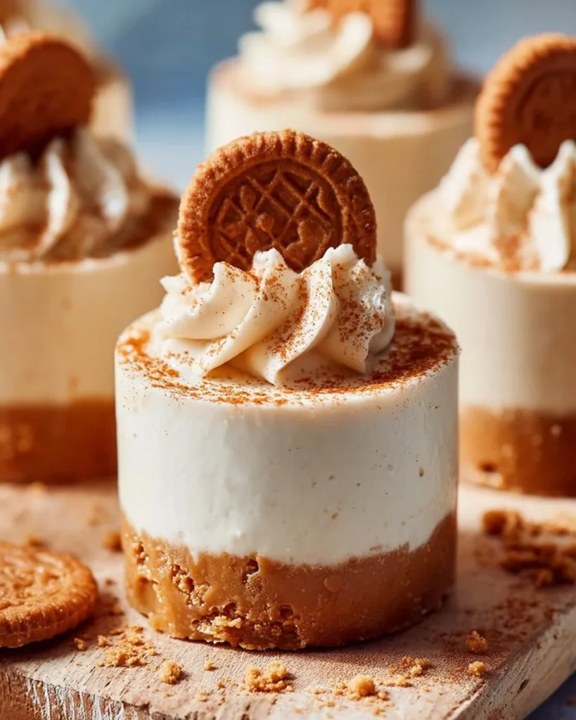 Mini No-Bake Biscoff Cheesecakes topped with Biscoff cookies