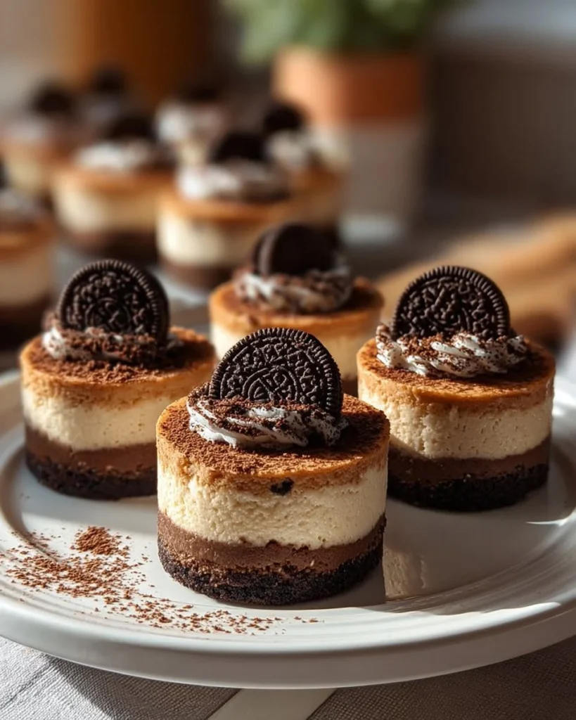 Mini Oreo cheesecakes topped with crushed Oreos and chocolate drizzle