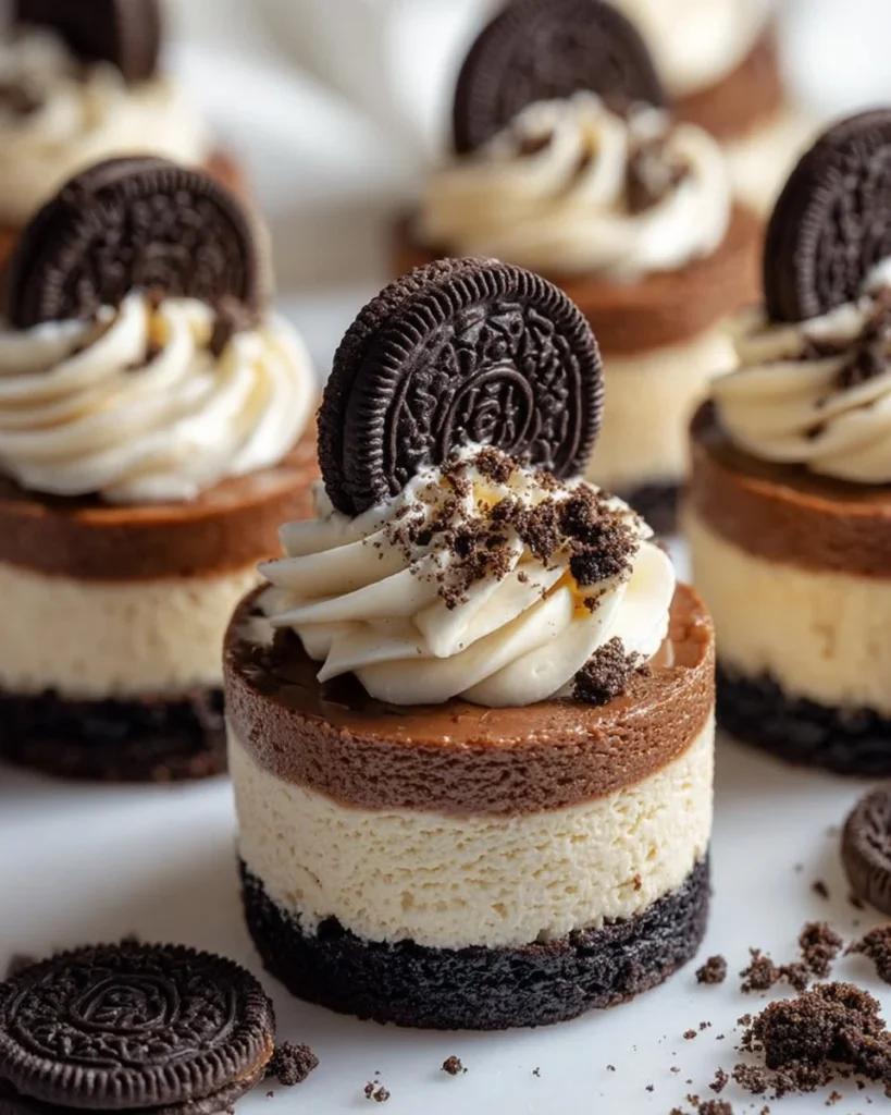 Mini Oreo cheesecakes topped with crushed Oreos for a delicious dessert.