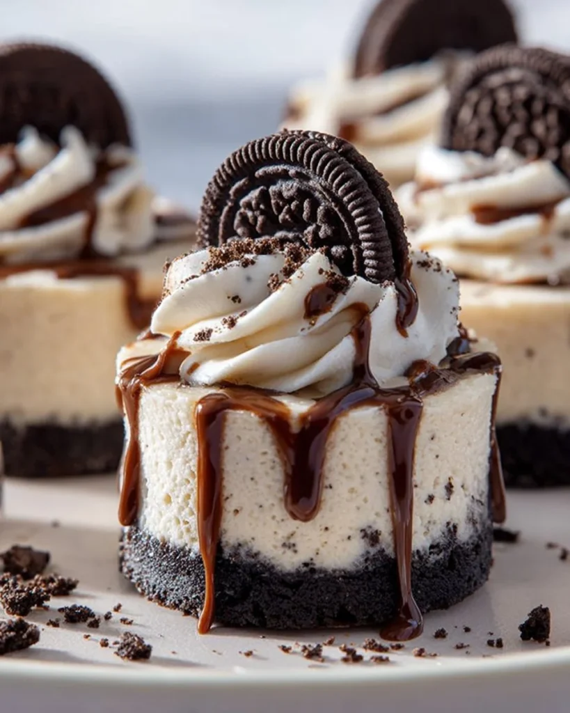 Mini Oreo Cheesecakes topped with crushed Oreos on a graham cracker crust.