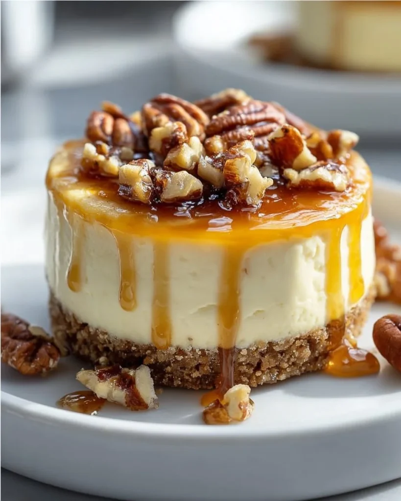 Mini pecan pie cheesecakes displayed on a platter