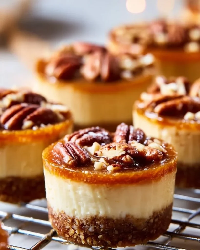 Mini pecan pie cheesecakes topped with caramel and pecans