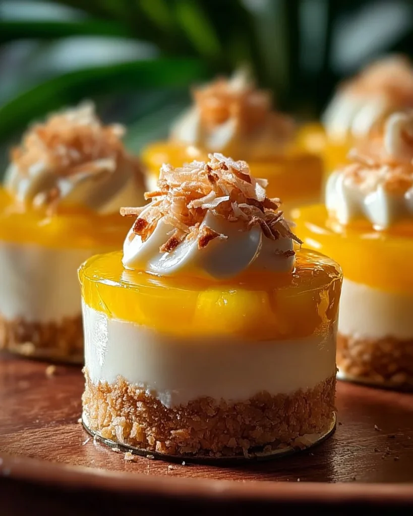 Mini Pineapple Condensed Coconut Milk Cheesecakes topped with coconut and pineapple slices