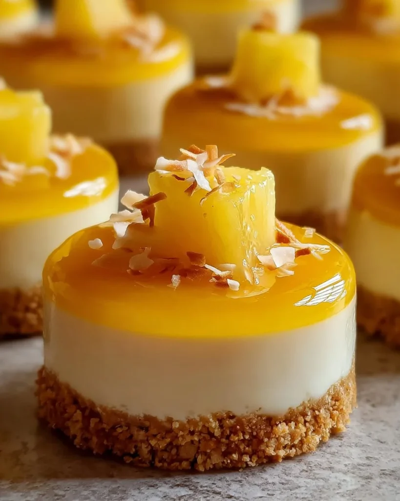 Mini pineapple condensed coconut milk cheesecakes on a decorative plate