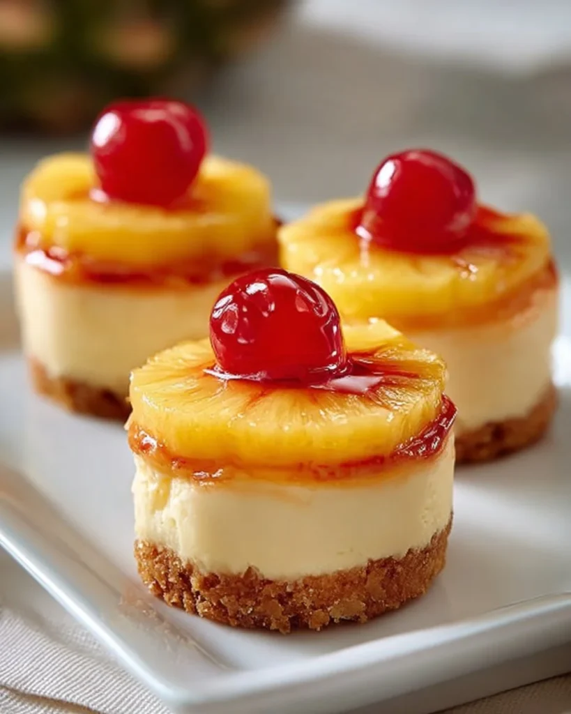 Mini Pineapple Upside-Down Cheesecakes topped with caramelized pineapple slices.