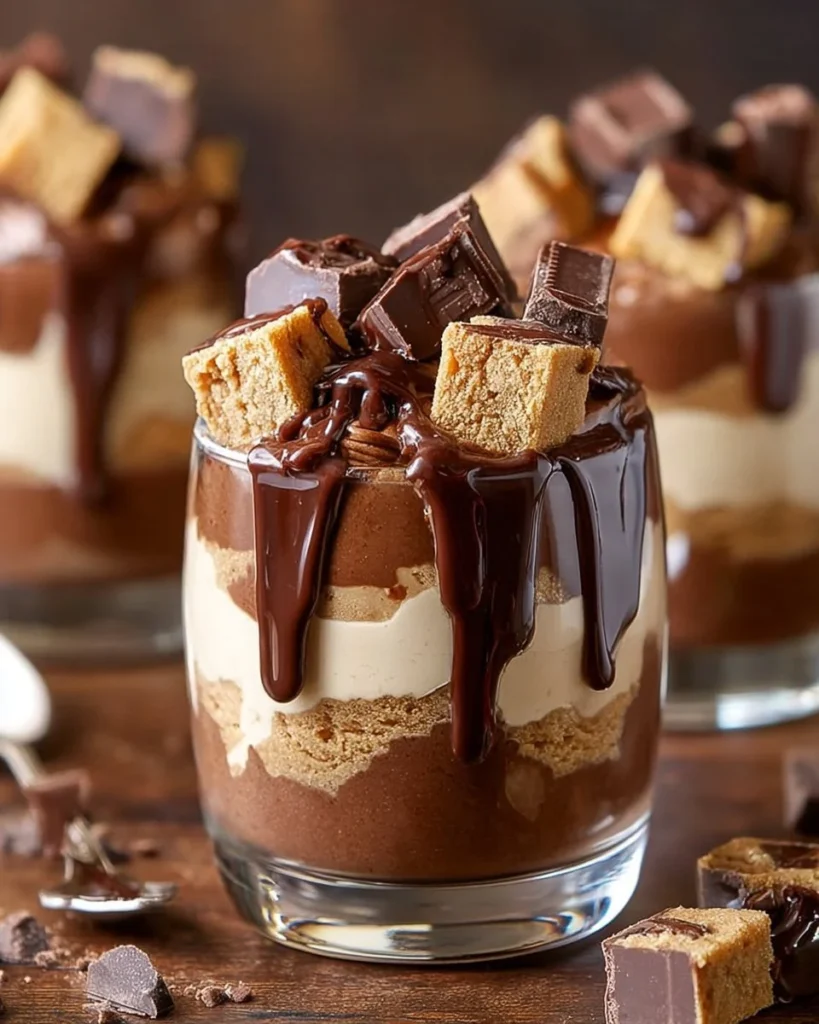Mini Reese’s Chocolate Peanut Butter Cheesecake Trifles in dessert cups