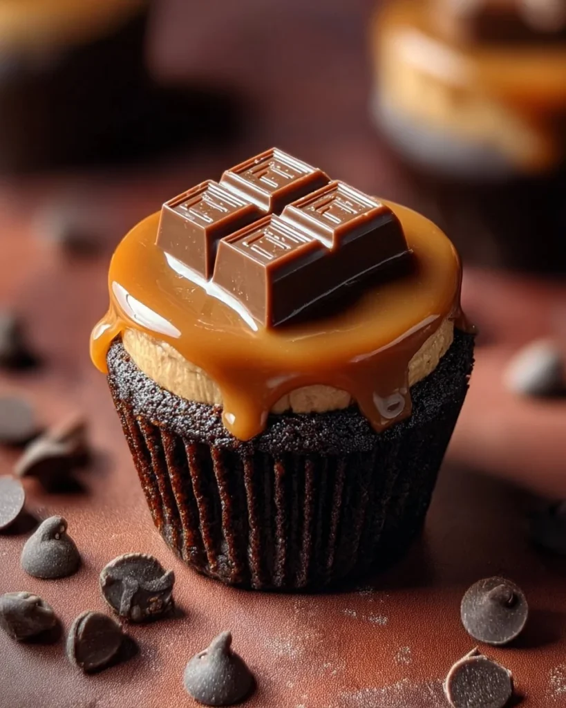 Mini Reese's Peanut Butter Cheesecakes topped with chocolate and peanut butter drizzle