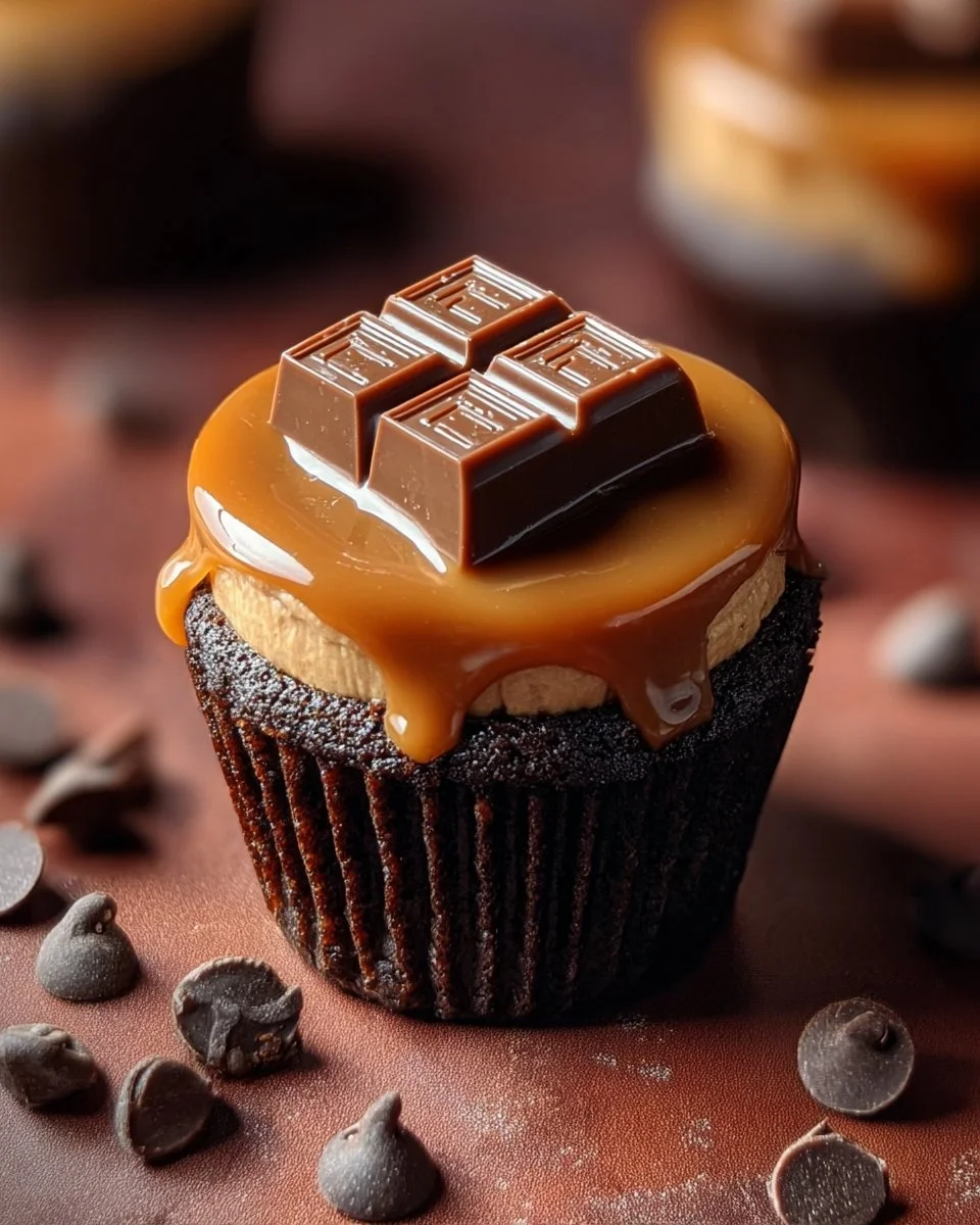 Mini Reese's Peanut Butter Cheesecakes topped with chocolate and peanut butter drizzle