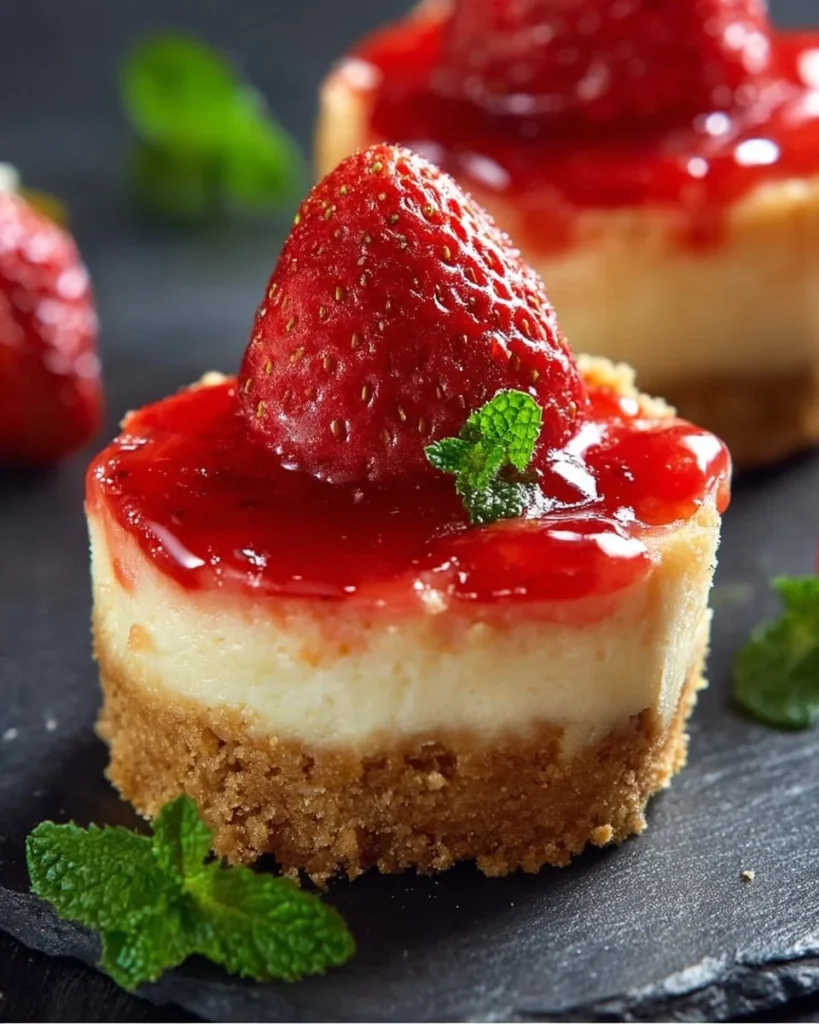 Delicious mini strawberry cheesecakes topped with fresh strawberries and cream.