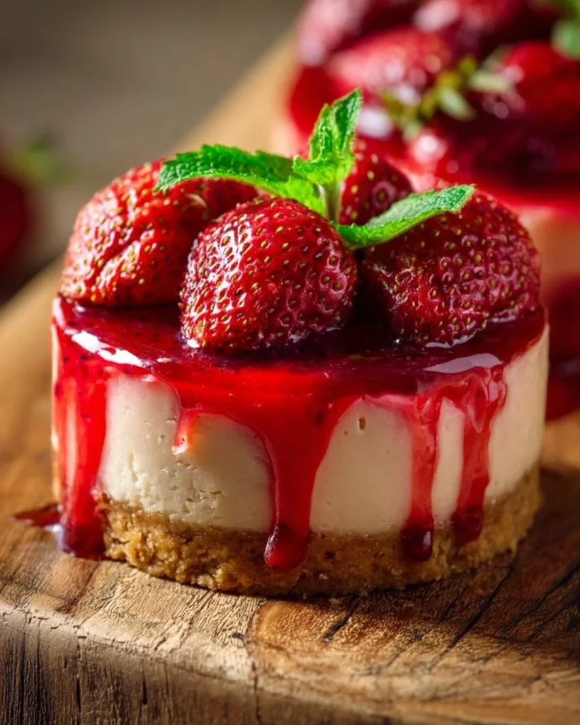 Mini strawberry cheesecakes topped with fresh strawberries and whipped cream