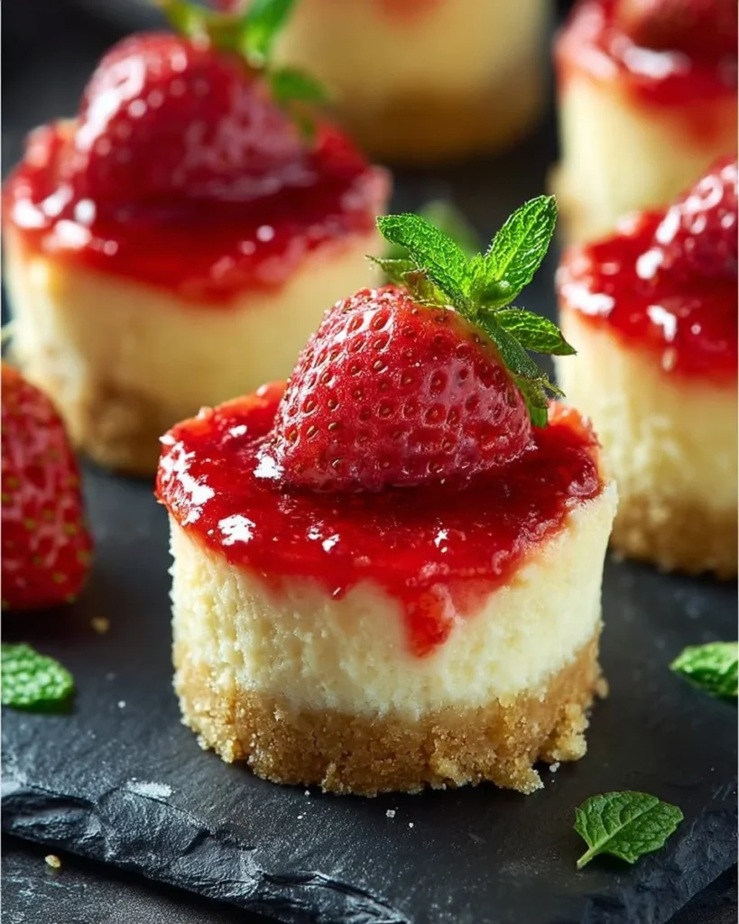 Mini strawberry cheesecakes topped with fresh strawberries and whipped cream