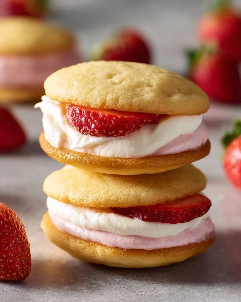 Mini strawberry cream cupcake sandwiches topped with fresh strawberries and whipped cream.