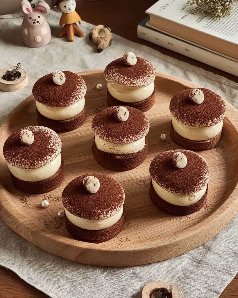 Delicious mini tiramisu chocolate tartlets on a serving plate.