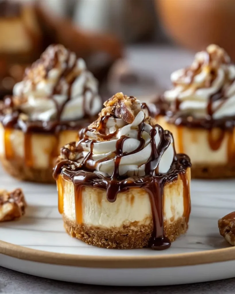 Mini turtle cheesecakes topped with caramel and pecans