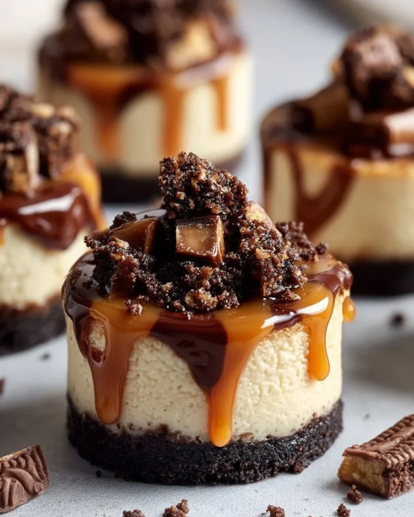Mini turtle cheesecakes topped with chocolate, caramel, and pecans.