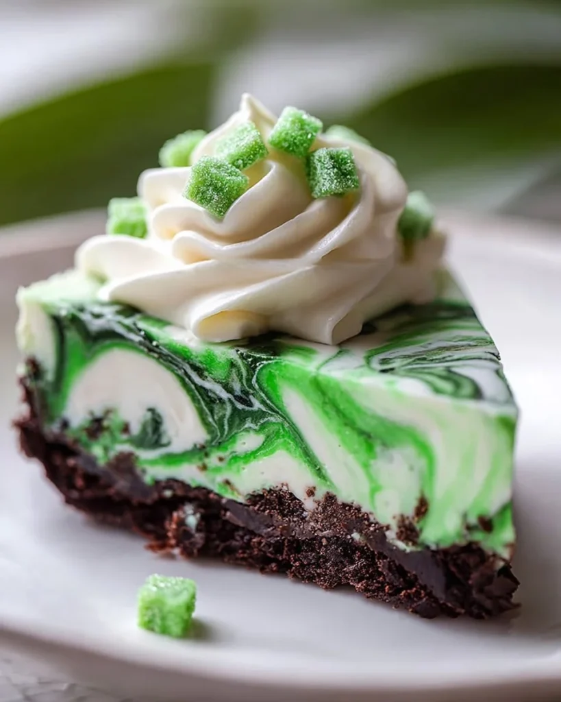 No-bake Mint Chocolate Cheesecake Pie topped with chocolate and mint leaves