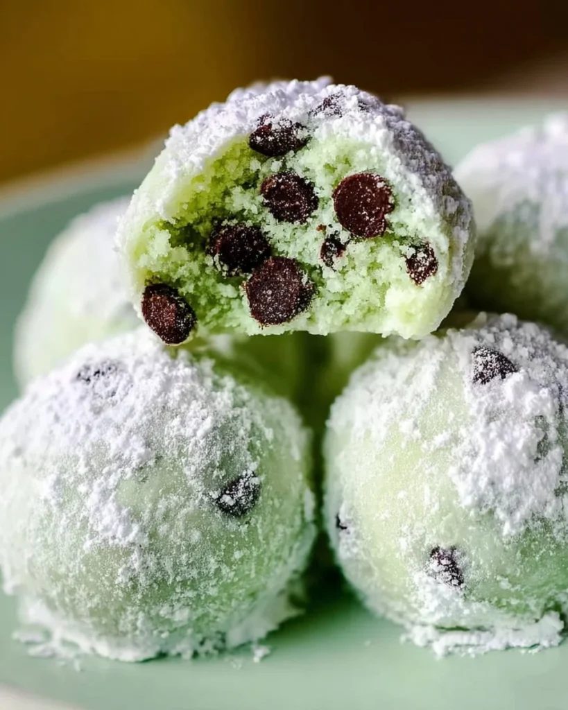 Mint Chocolate Chip Snowball Cookies with chocolate chips and mint flavor