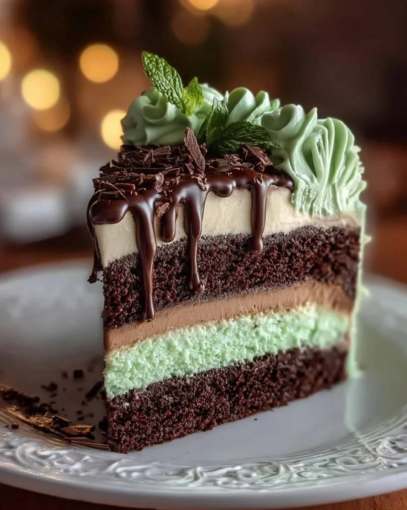 Mint chocolate cake topped with chocolate ganache and mint leaves