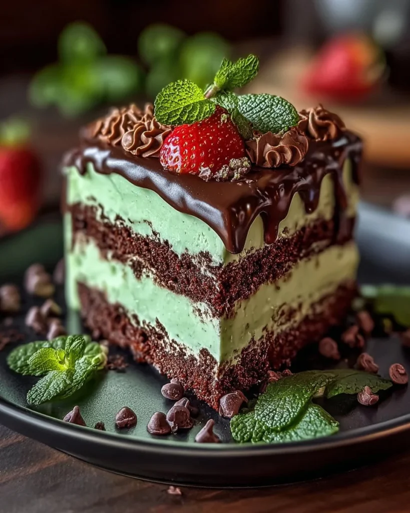 Delicious Mint Chocolate Fudge Cheesecake Cake with whipped cream topping