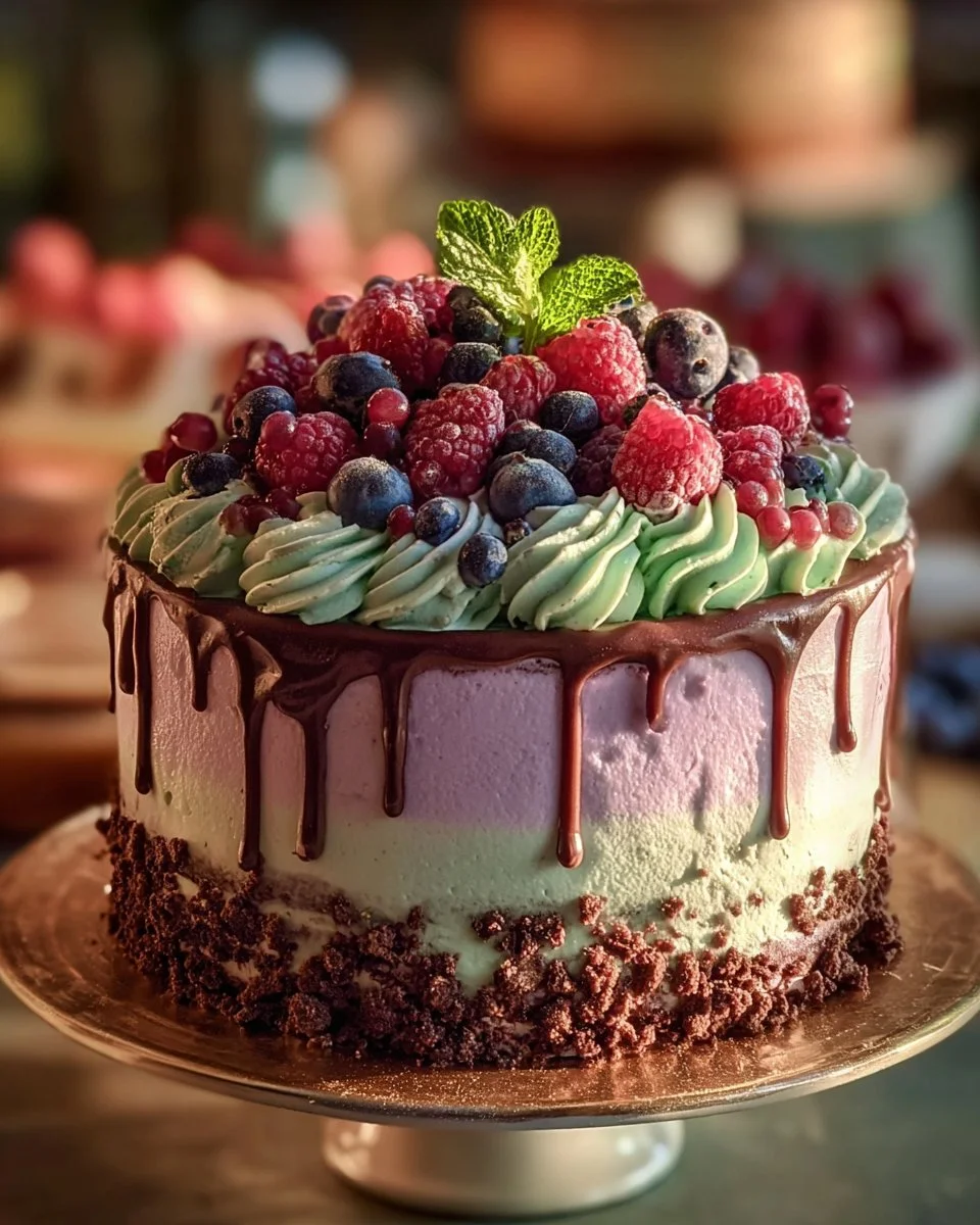 Mint Chocolate Fudge Cheesecake Cake slice with mint garnish