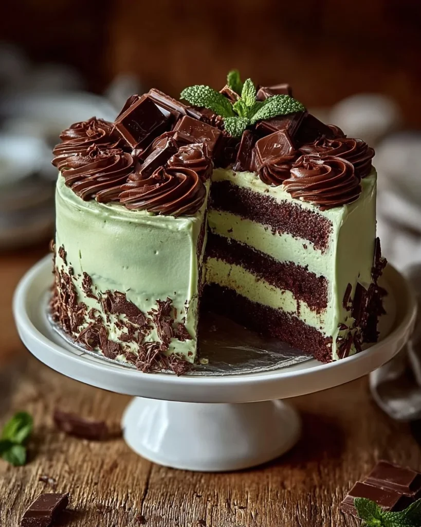 Mint Chocolate Fudge Cheesecake Cake topped with chocolate and mint garnish