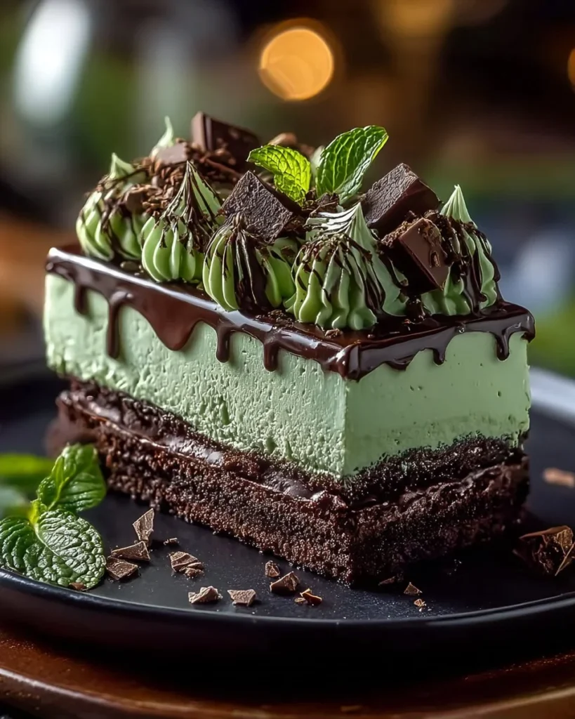 Mint Chocolate Fudge Cheesecake Cake topped with chocolate and mint garnish.