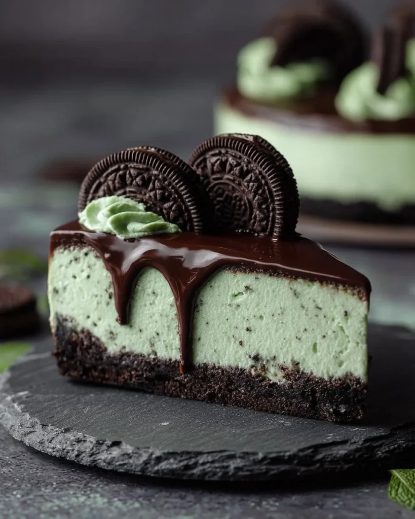 Slice of Mint Oreo Cheesecake with mint garnish and Oreo crumbles