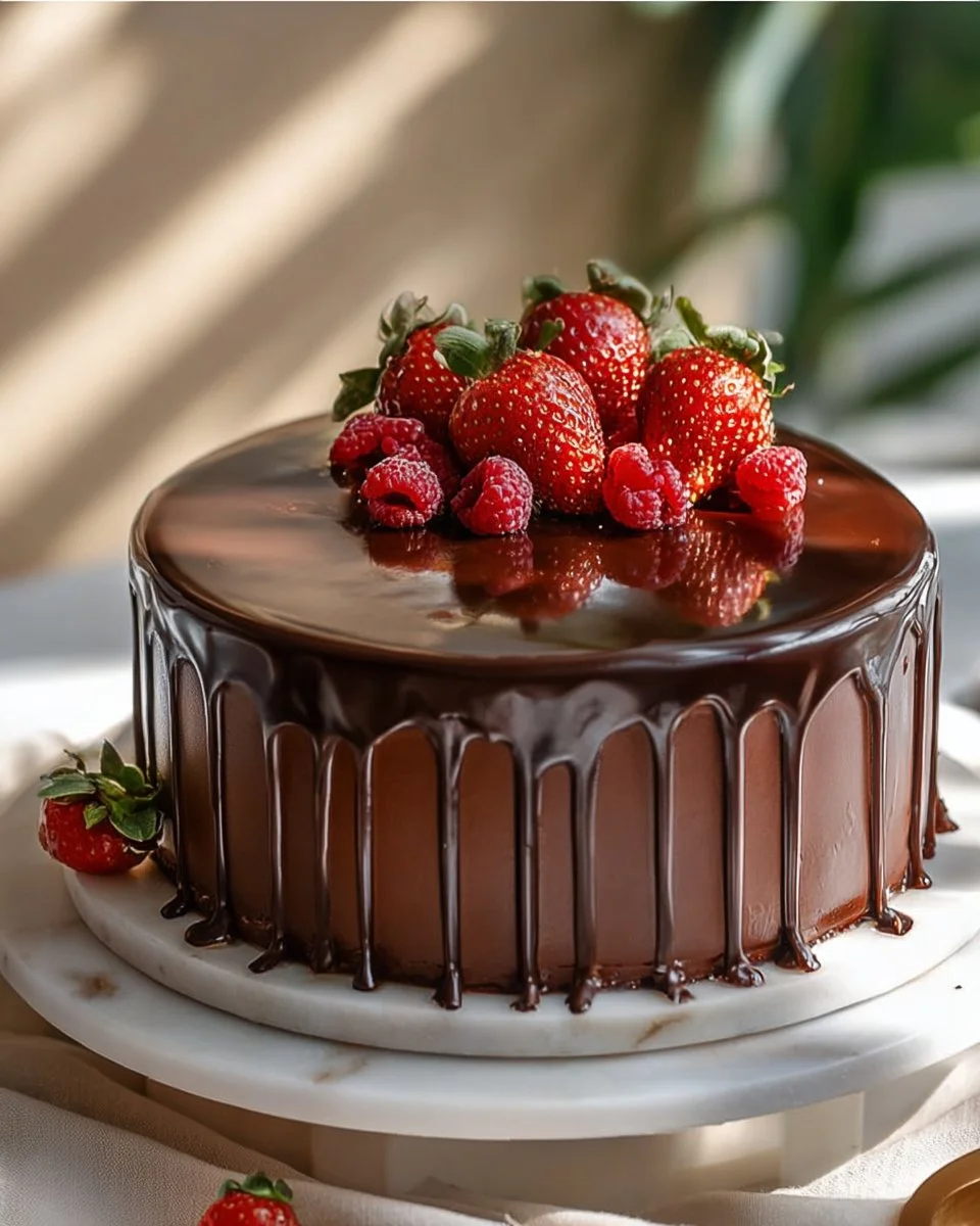 Mirror glaze dark chocolate cheesecake with a glossy finish