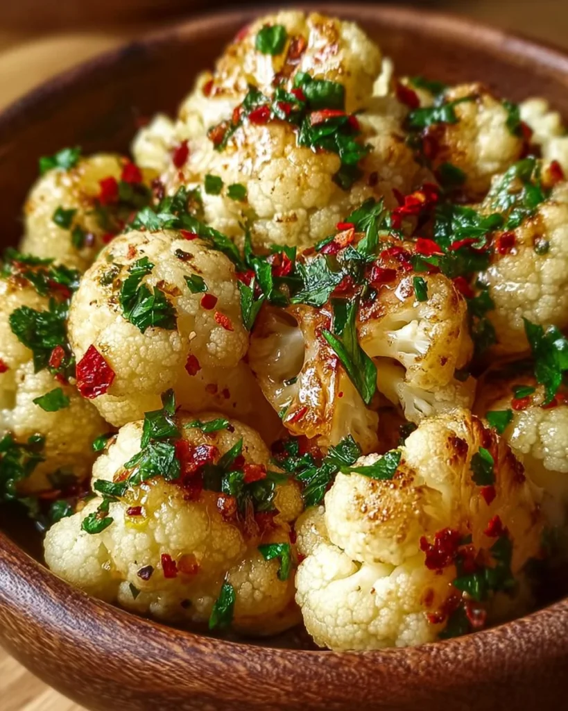 Bowl of miso garlic roasted cauliflower topped with green onions and sesame seeds