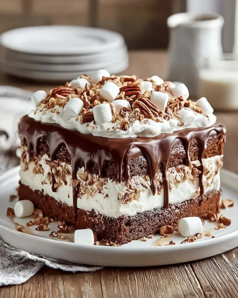 Delicious slice of homemade Mississippi Mud Cake topped with chocolate and marshmallows.