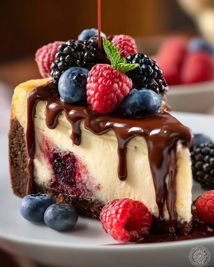 Mixed Berries Japanese Cheesecake with Chocolate Swirl garnished with fresh berries