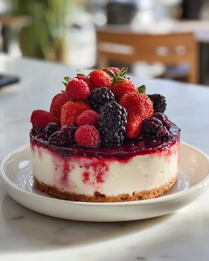 Delicious mixed berry cheesecake topped with an assortment of fresh berries