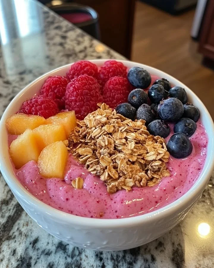 Colorful mixed berry smoothie bowl topped with fresh fruits and seeds