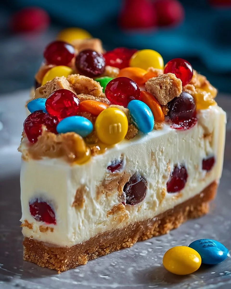 Slice of rich M&M Cheesecake topped with colorful candies and whipped cream.
