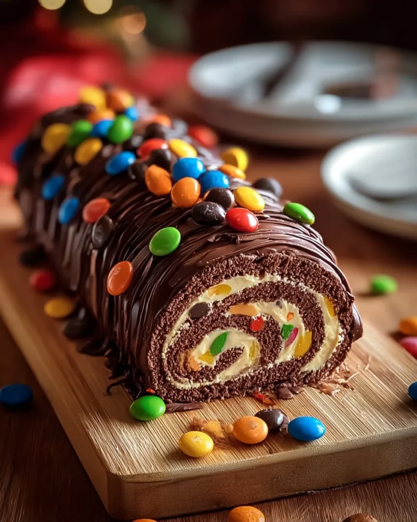 M&M's Ferrero Oreo Roll Cake with chocolate and colorful candies