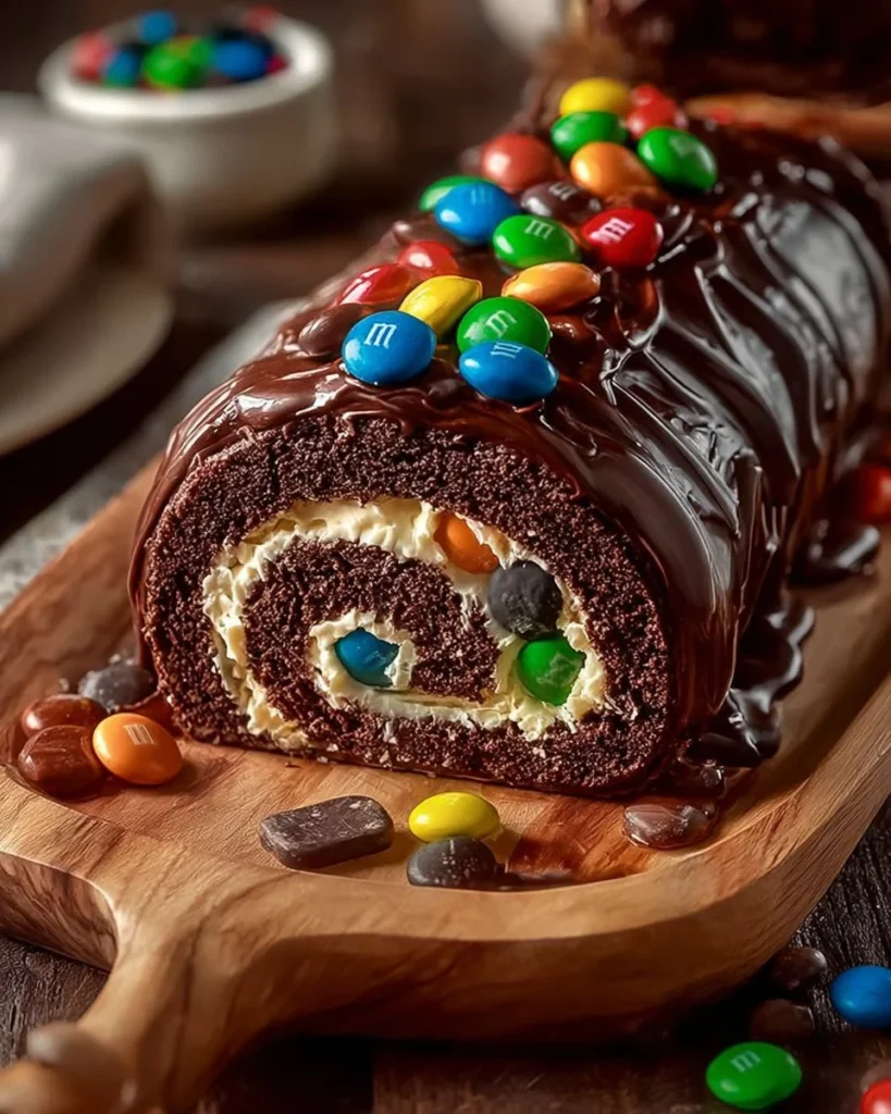 M&M's Ferrero Oreo roll cake decorated with vibrant M&M's and rich chocolate icing.