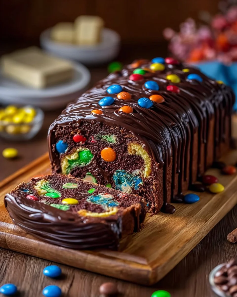 M&M's Ferrero Oreo Roll Cake decorated with colorful M&M's and chocolate topping