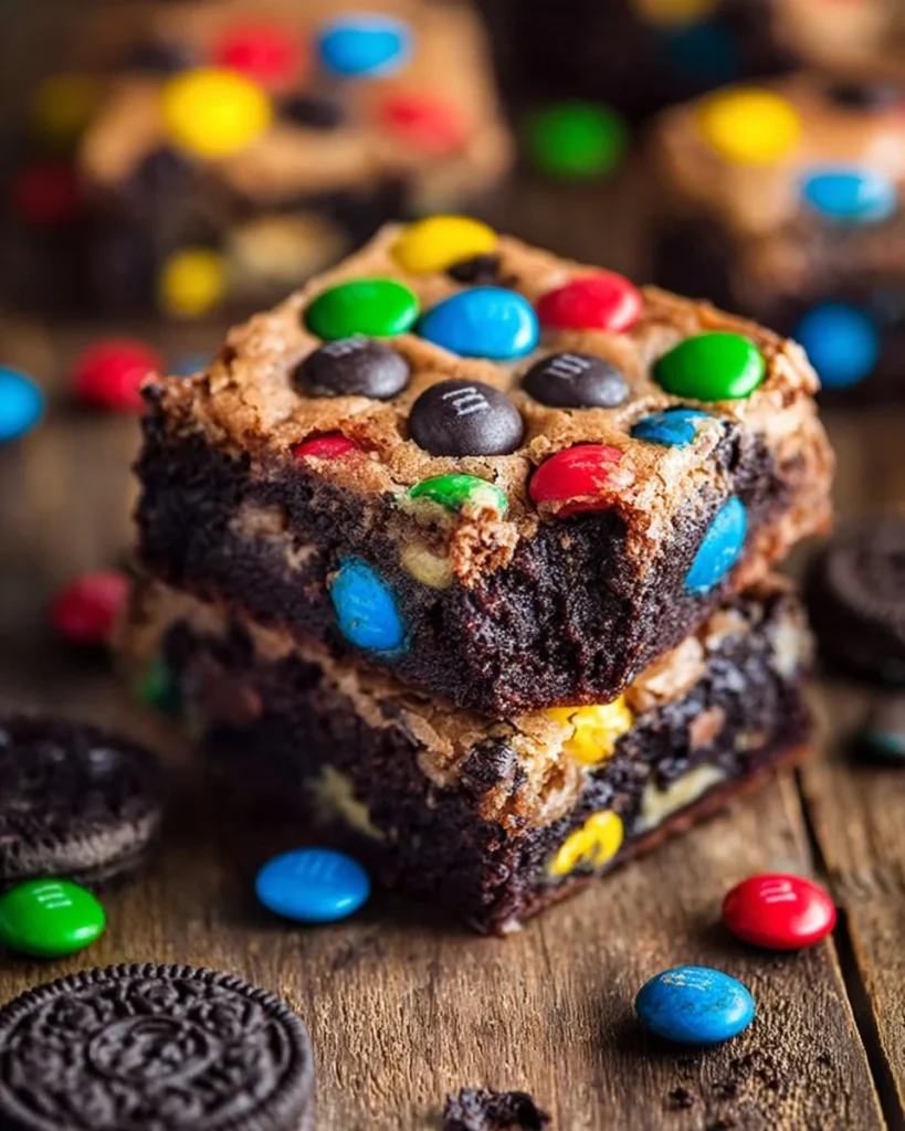 Delicious M&M's Oreo Cookie Bars with a creamy and crunchy texture.