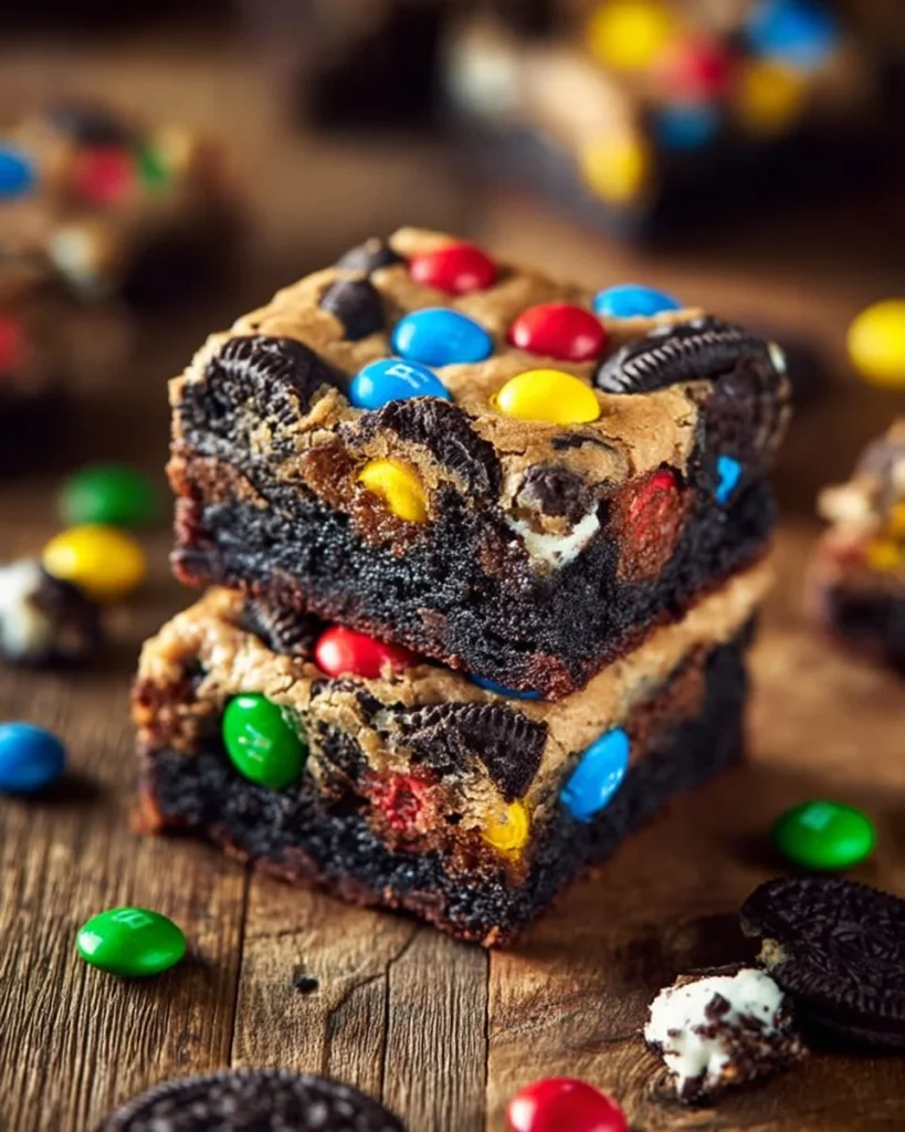 M&M's Oreo cookie bars stacked on a plate, showcasing a delicious dessert treat.