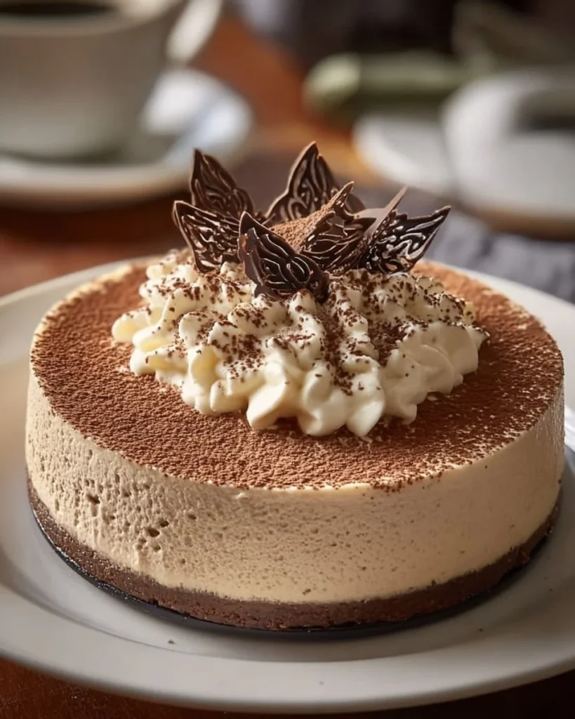 Mocha espresso cheesecake topped with chocolate and coffee flavor